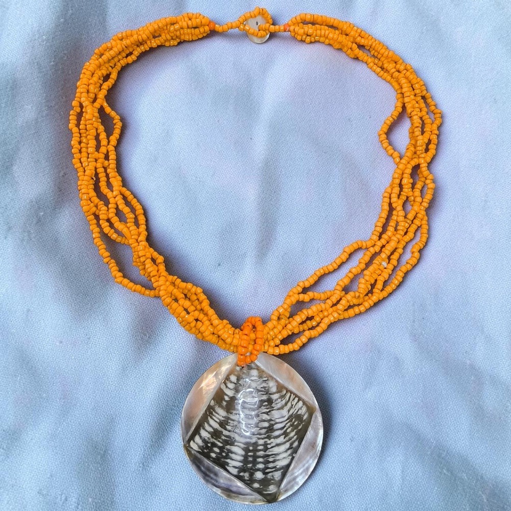 Vintage Orange Seed Bead Necklace Shell Pendant Multi Strand Boho Coastal‎ 16"